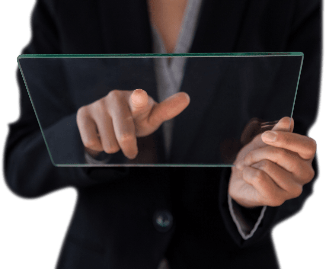 Businesswoman Interacting Surgeon-Looking Style with Transparent Glass Interface