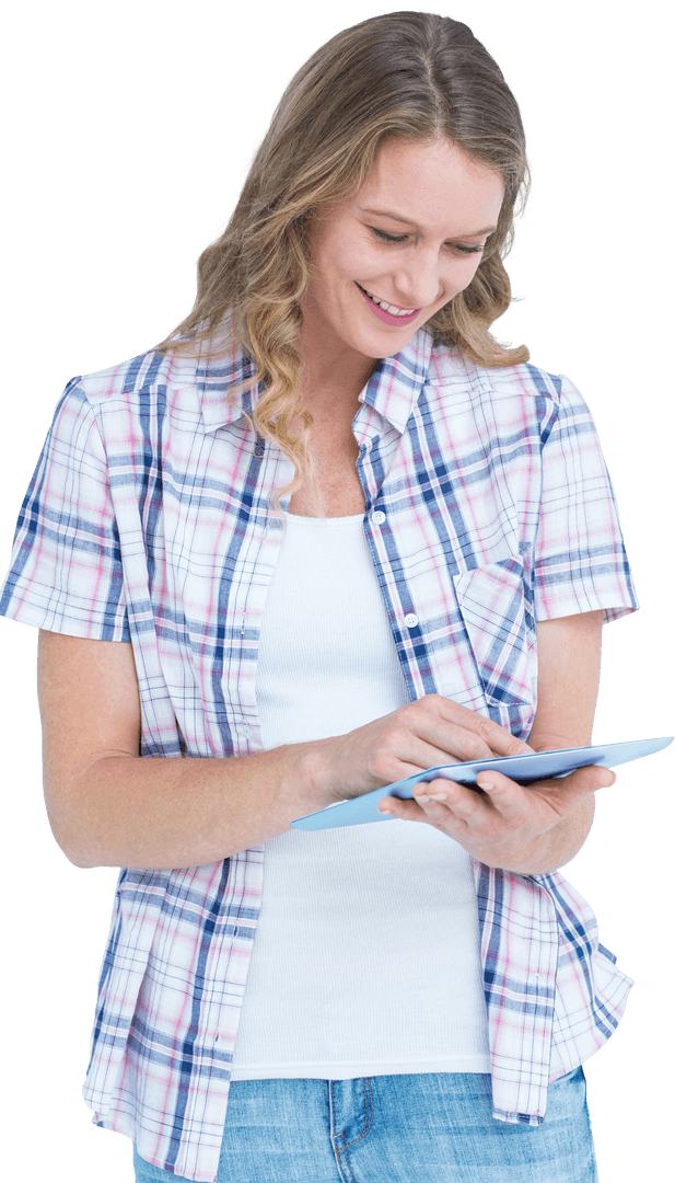 Smiling Caucasian Woman Using Digital Tablet Transparent Background
