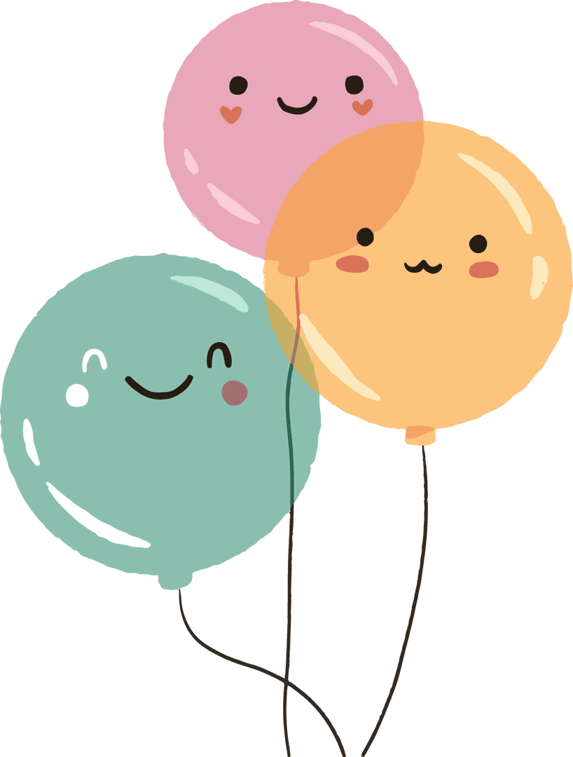 Whimsical Pastel Balloons with Kawaii Faces on Transparent Background