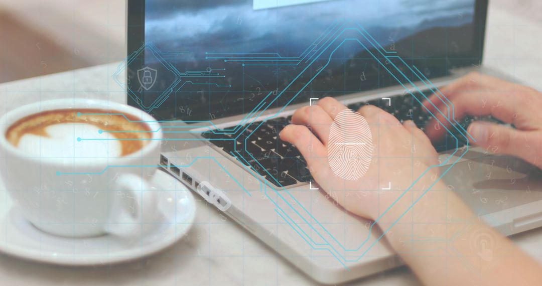 Modern Workspace with Cybersecurity Interface Overlaying Laptop