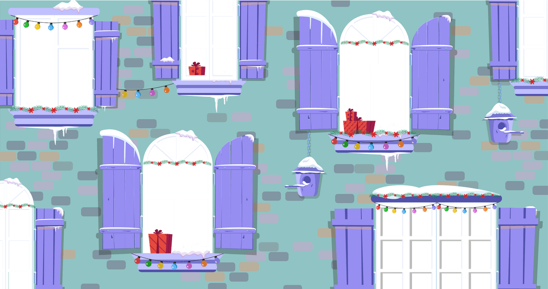Festive Windows with Christmas Decorations in Snowy Winter Setting