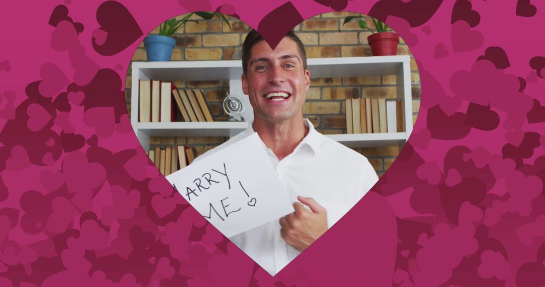 Joyful Man Proposing in a Heart-Themed Virtual Setting