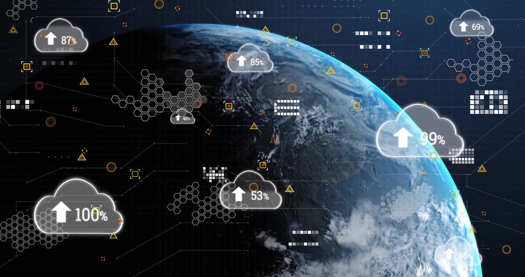 Global Data Processing on Digital Cloud Icons Over Earth