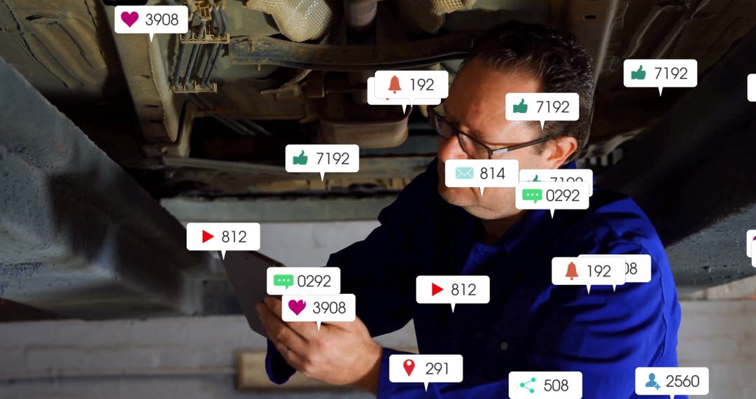 Mechanic Under Vehicle Engaged with Digital Technology