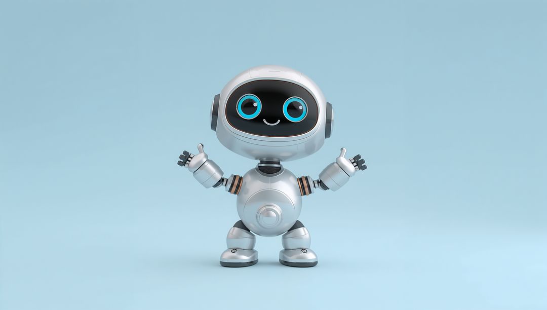 Friendly Silver Robot Waving with Smiling Digital Eyes on Pastel Blue Background Cute Toy
