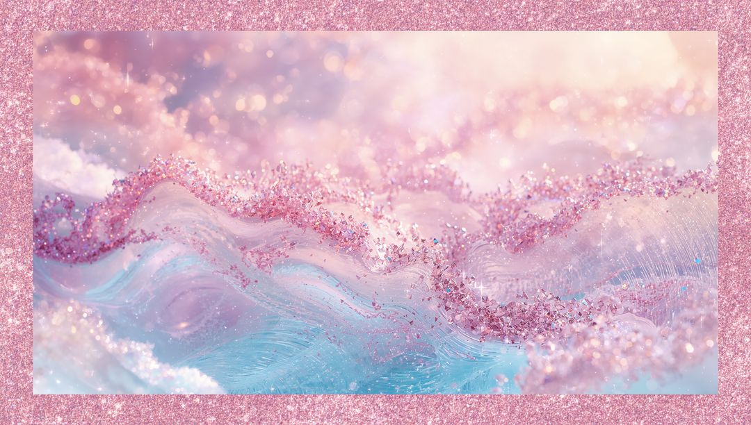 Flowing Pink Glitter Waves with Pastel Iridescent Bokeh and Sparkling Crystal Texture