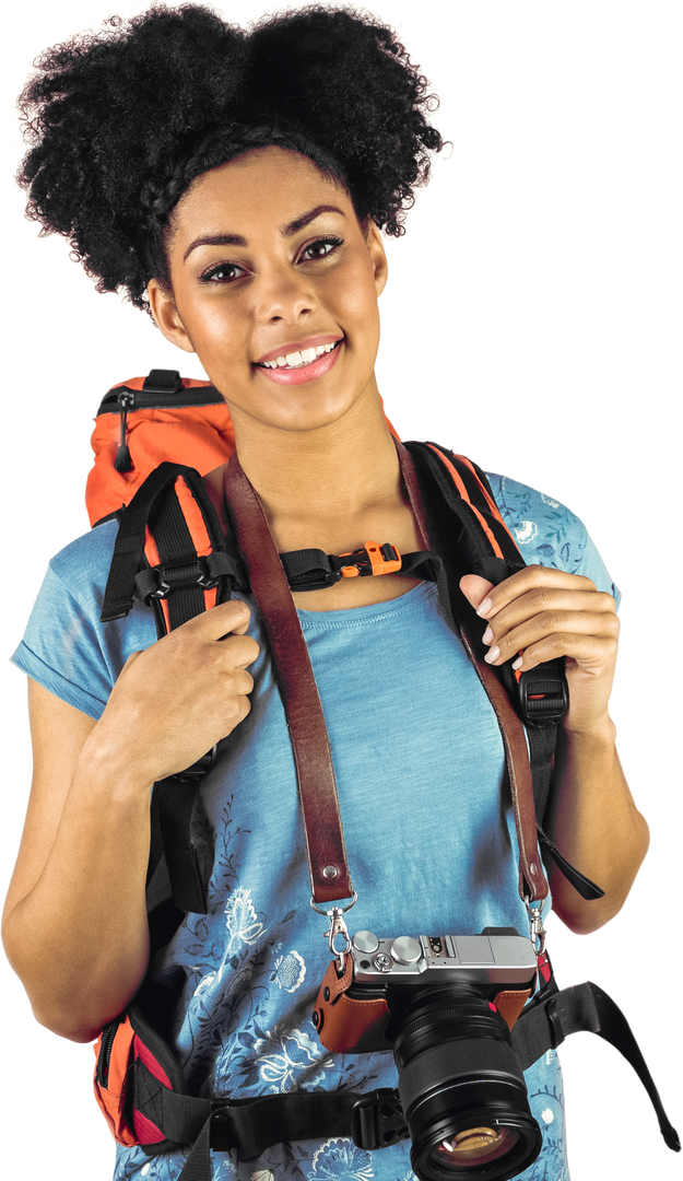 Smiling African American Female Hiker with Camera and Backpack - Download Free Stock Images Pikwizard.com