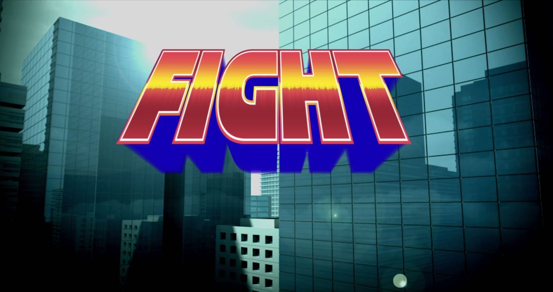 Retro 'Fight' Text over Digital Cityscape in Gaming Context