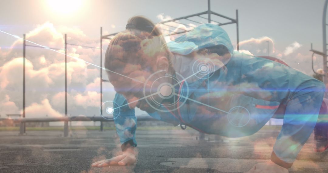 Woman Exercising with Digital Network Overlay