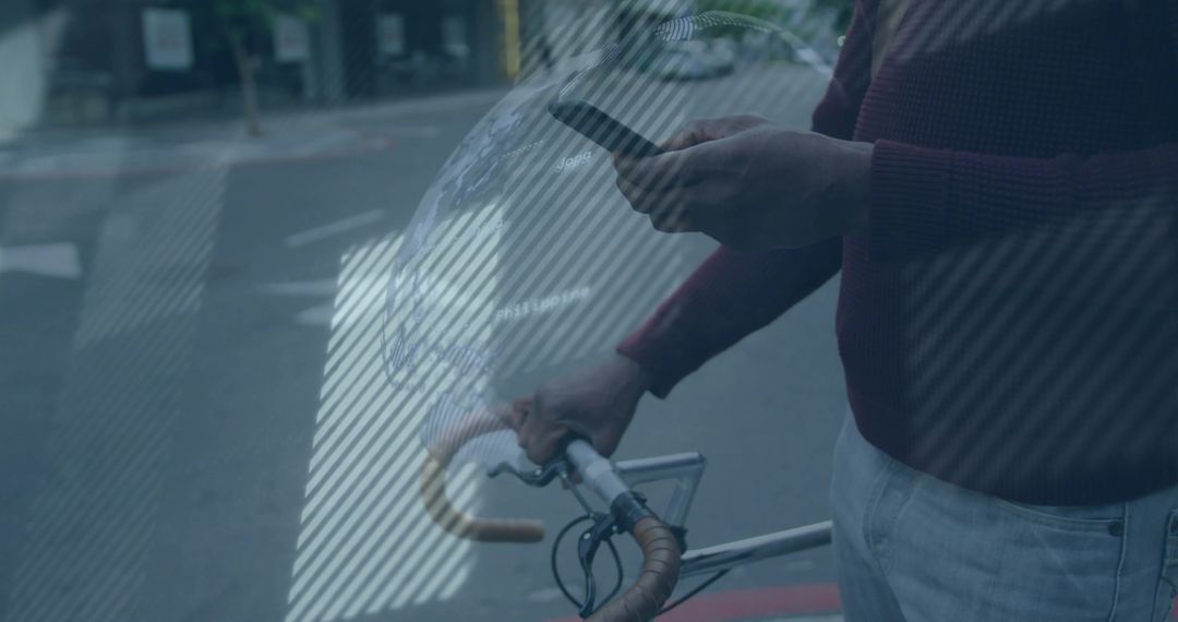 Man with Smartphone and Bike, Augmented Reality on City Street
