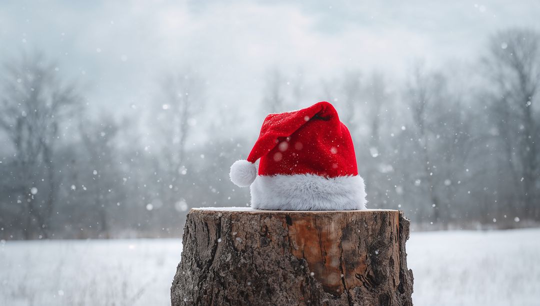Red Santa Hat Resting on Weathered Stump in Snowy Field with Falling Snowflakes