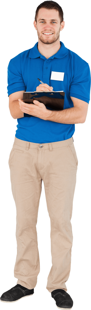 Transparent background smiling salesman conducting survey