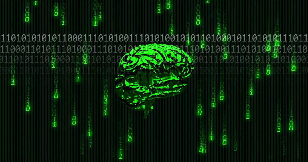 Green Digital Brain with Binary Code Flow