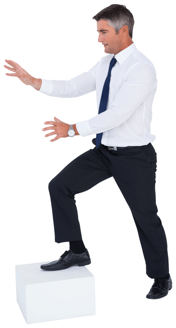 Transparent Businessman Pushing Down while Keeping Position