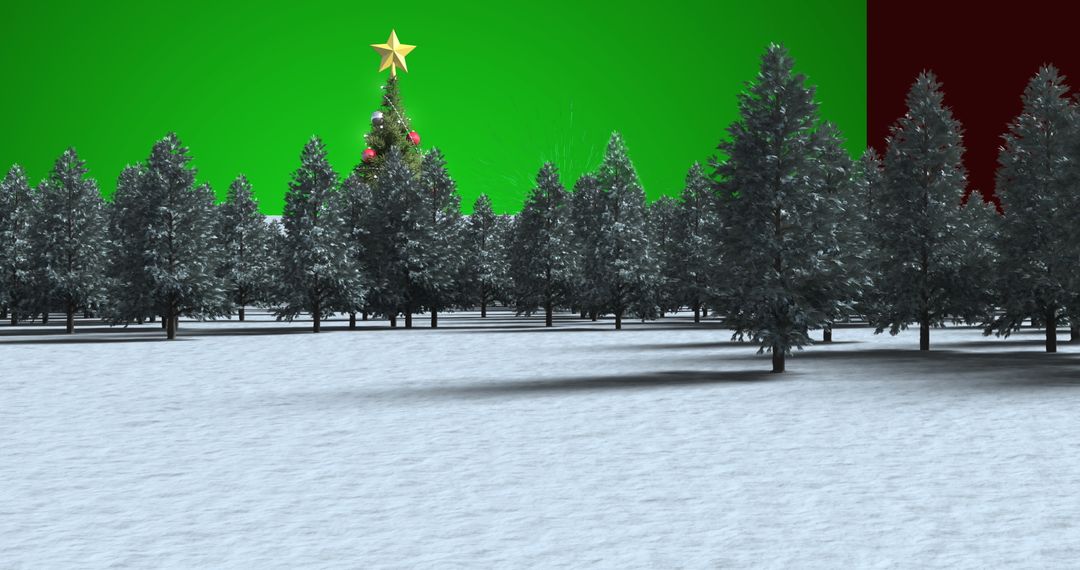 Magical Christmas Tree in Snowy Forest with Colorful Backdrop