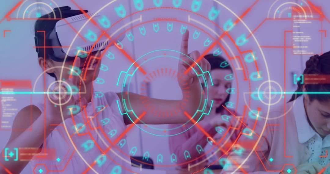 Woman in Office Immersed in Virtual Reality Technology with HUD Interface