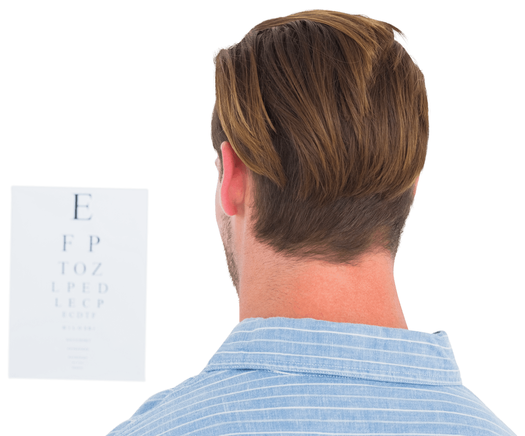 Back View of Man Focused on Eye Exam Letters with Transparent Background