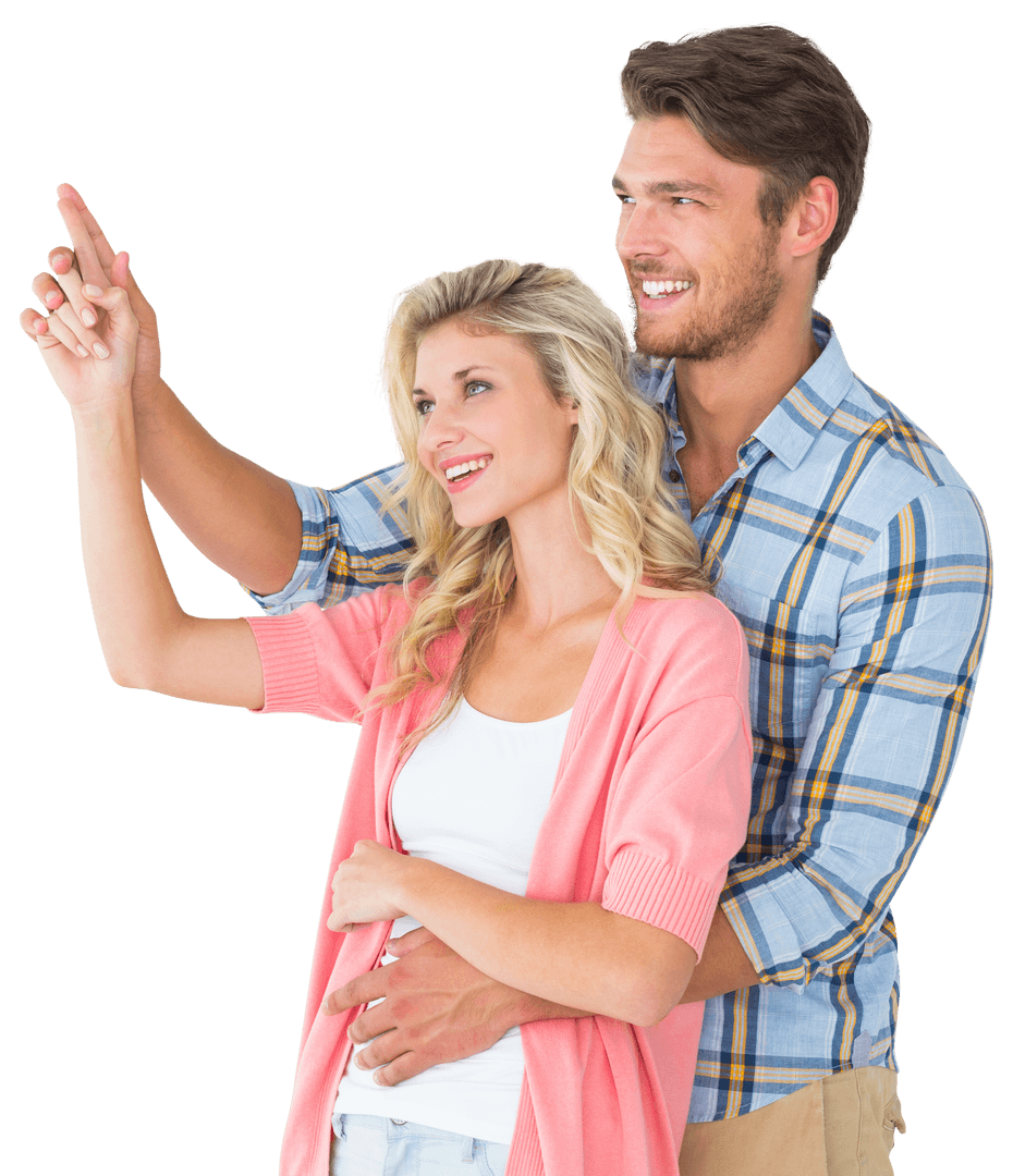 Smiling Couple Embracing and Pointing Happily Transparent Background