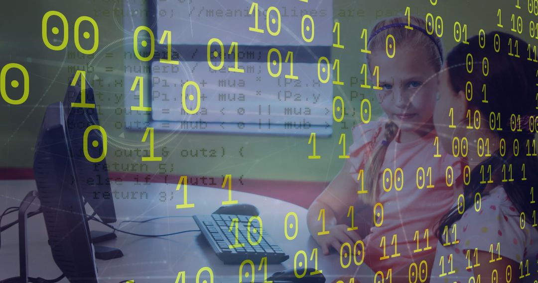 Girls Learning Coding with Binary Data Overlay in Classroom - Free Images, Stock Photos and Pictures on Pikwizard.com