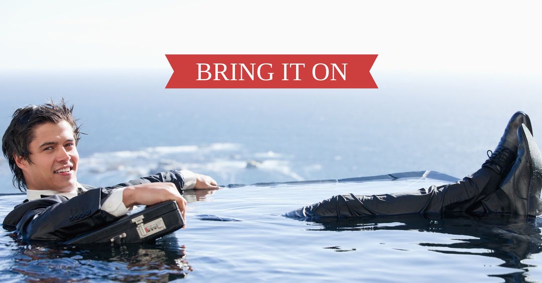 Confident Businessman Floats in Water with Briefcase