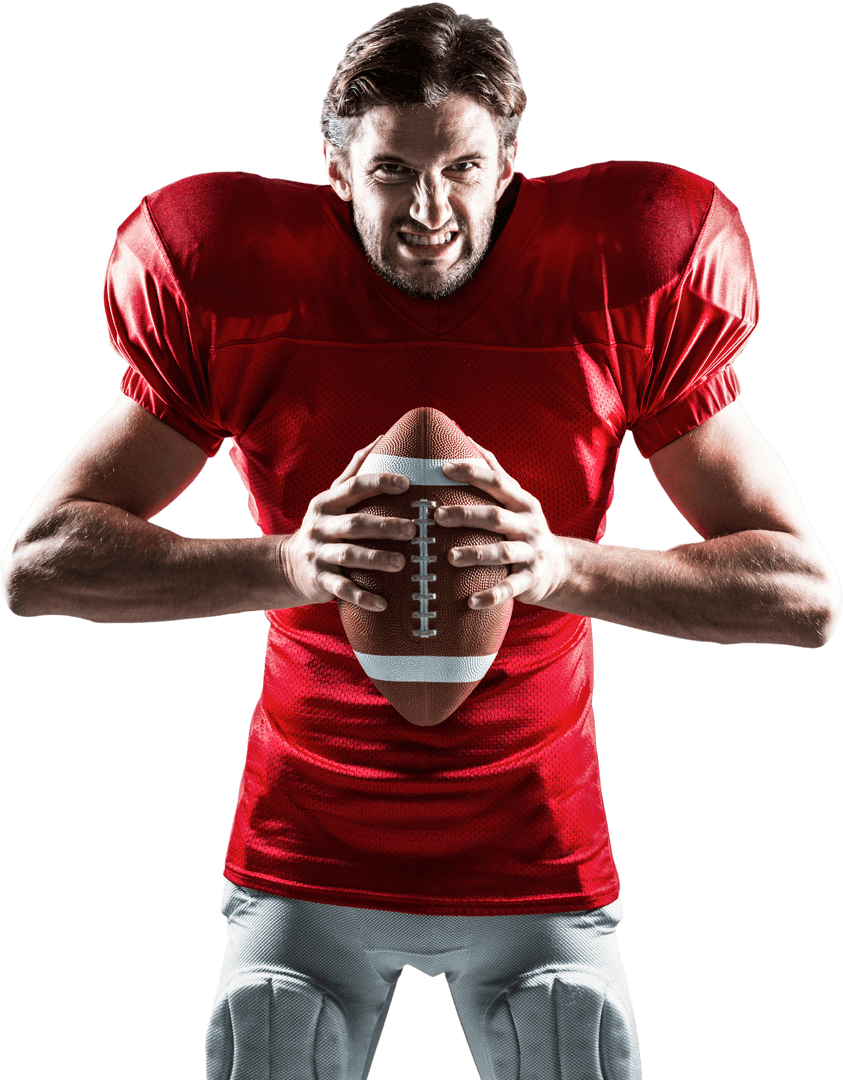 Furious American Football Player Gripping Ball in Transparent Red Jersey