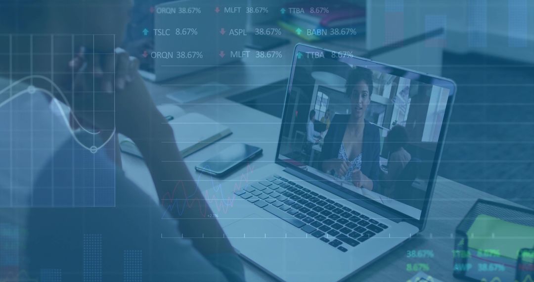 Person Engaging in Virtual Office Meeting with Stock Charts Overlay