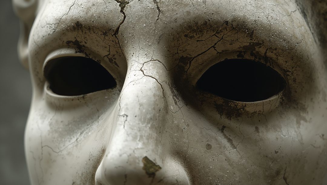 Weathered Plaster Mask Showing Cracks, Flaking Surface and Hollow Eyes Close-Up