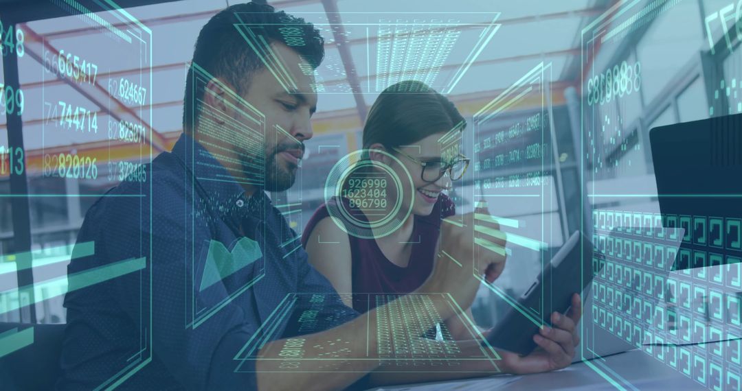 Diverse Analysts Examining Digital Data with Holographic Interface