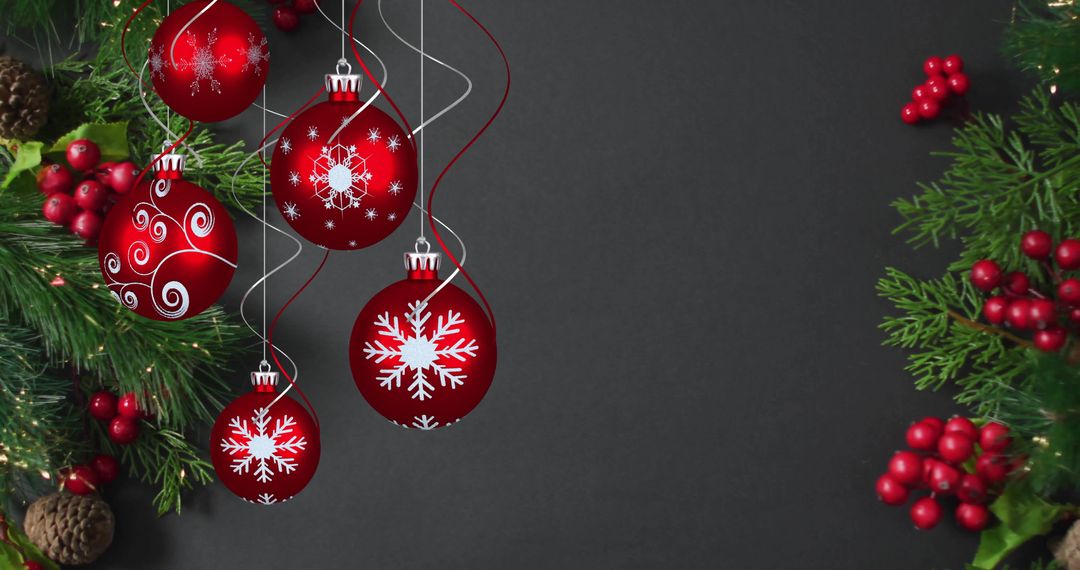 Christmas Decorations with Red Ornaments on Dark Background