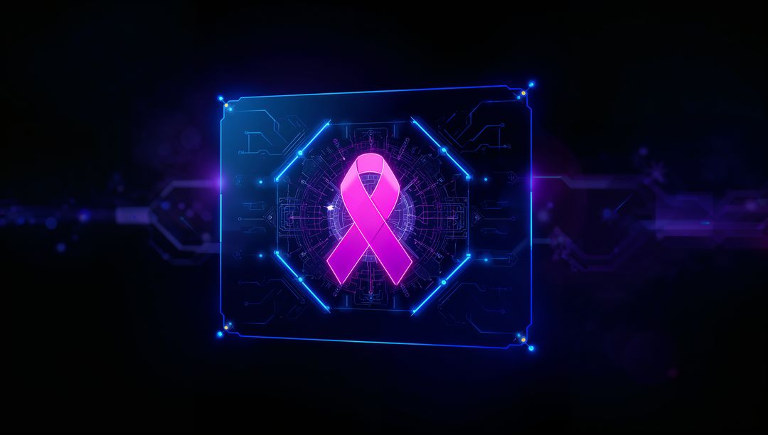 Futuristic Neon Pink Ribbon in Holographic Digital Interface