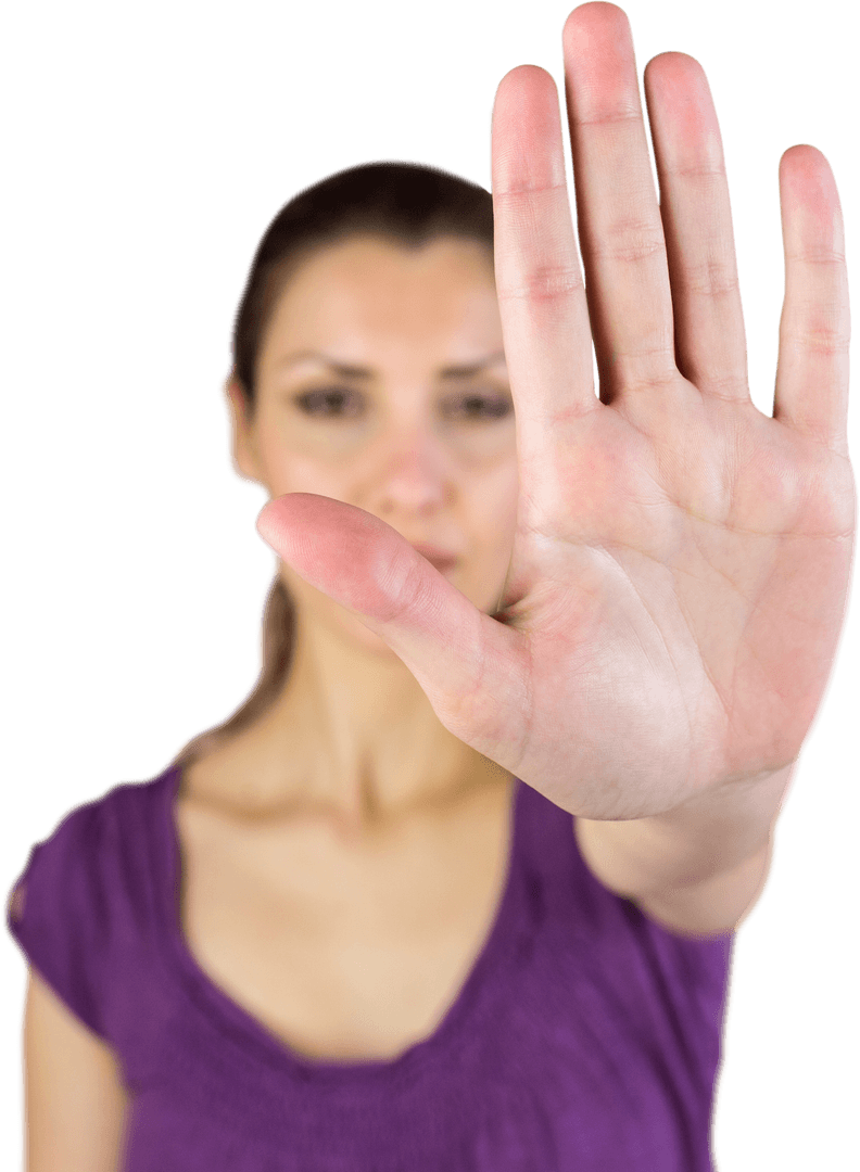 Transparent Close-up Woman Showing Stop Gesture with Raised Hand