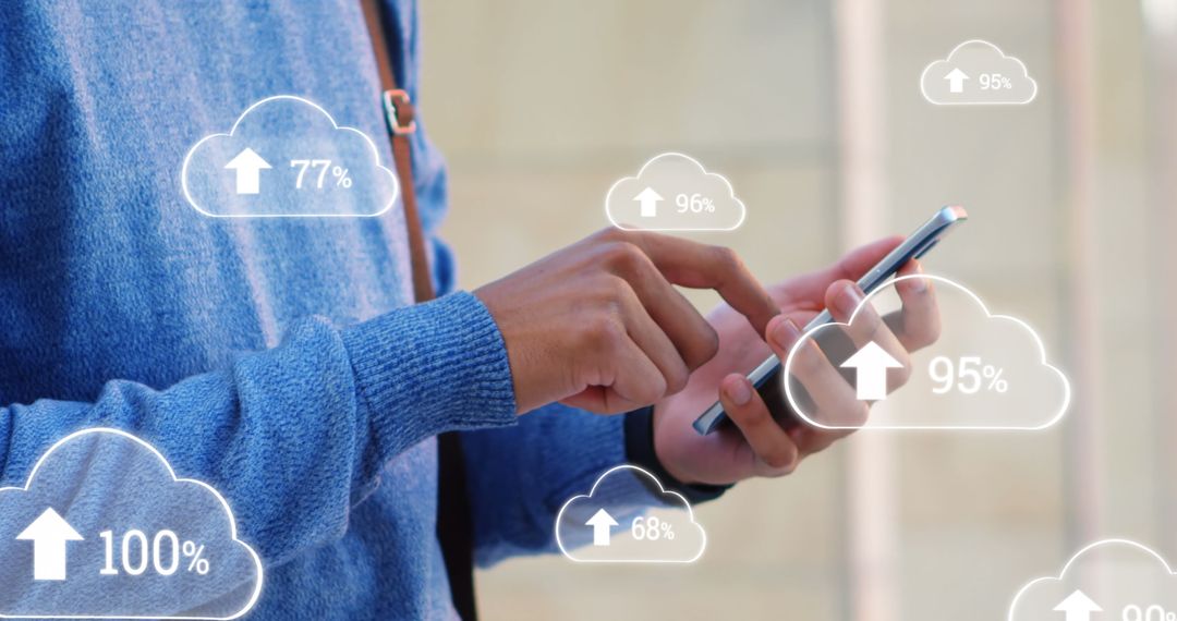 Person Using Smartphone with Cloud Technology Interface Overlay