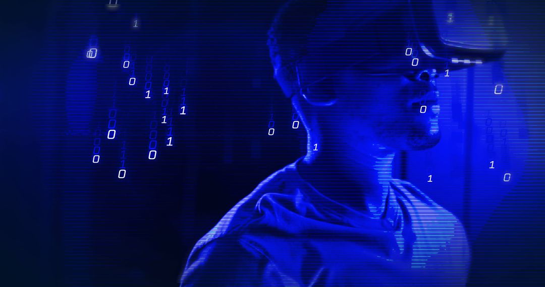 African American Man Using VR Headset with Digital Data Overlay