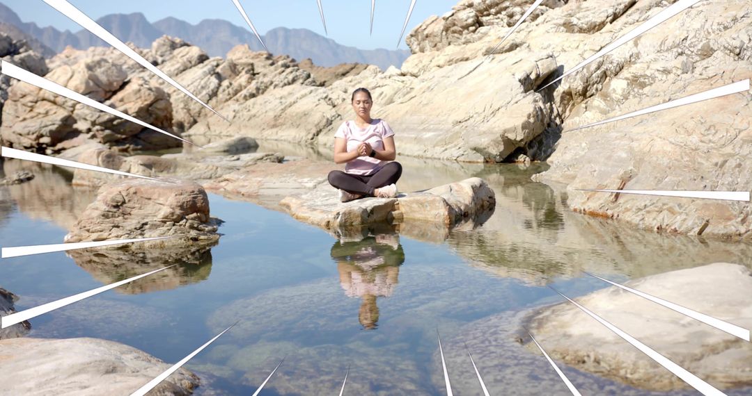 Serene Meditation by Rocky Pool with Radiating Lines Effect