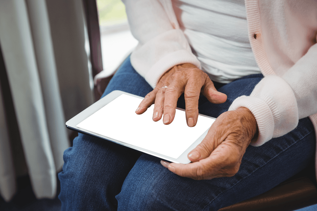 Senior Woman Using Digital Tablet with Transparent Screen