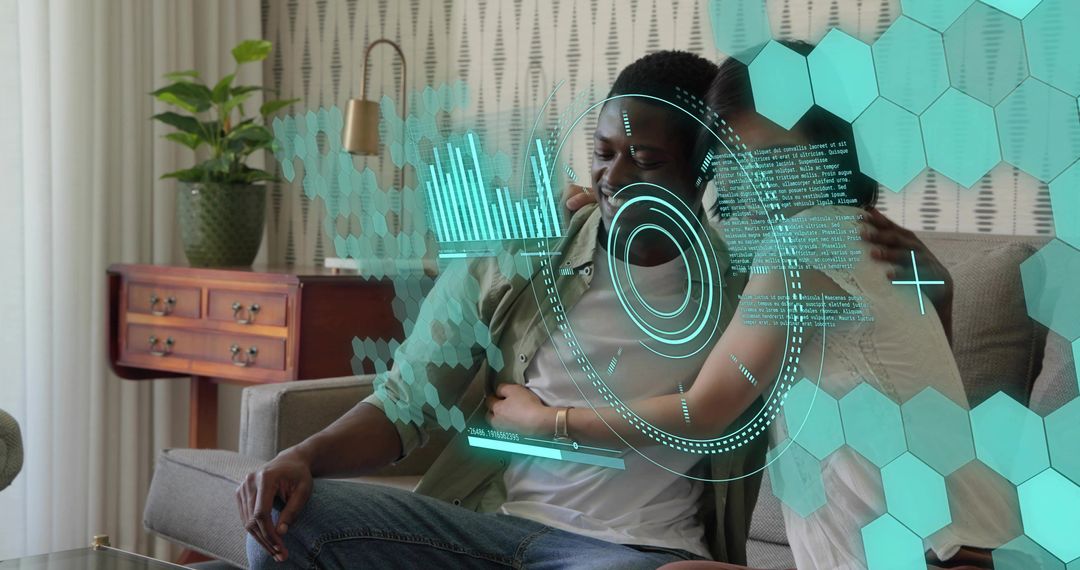 Hugging couple on sofa wearing headphones with holographic HUD overlay for smart home