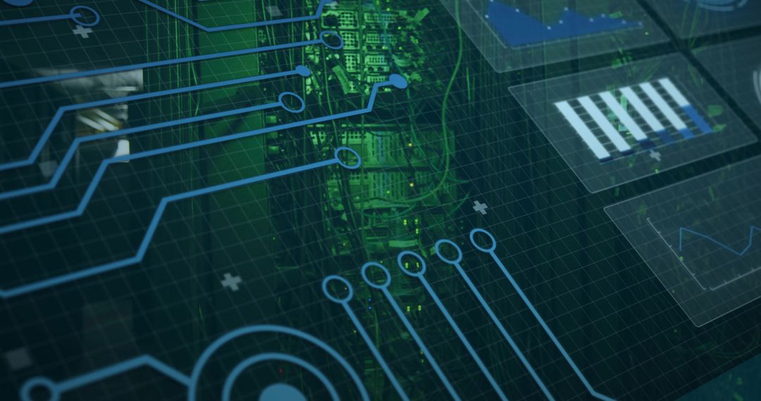 Displaying Circuit HUD Overlaying Green Server Rack with Interactive Data Visualization Dashboard