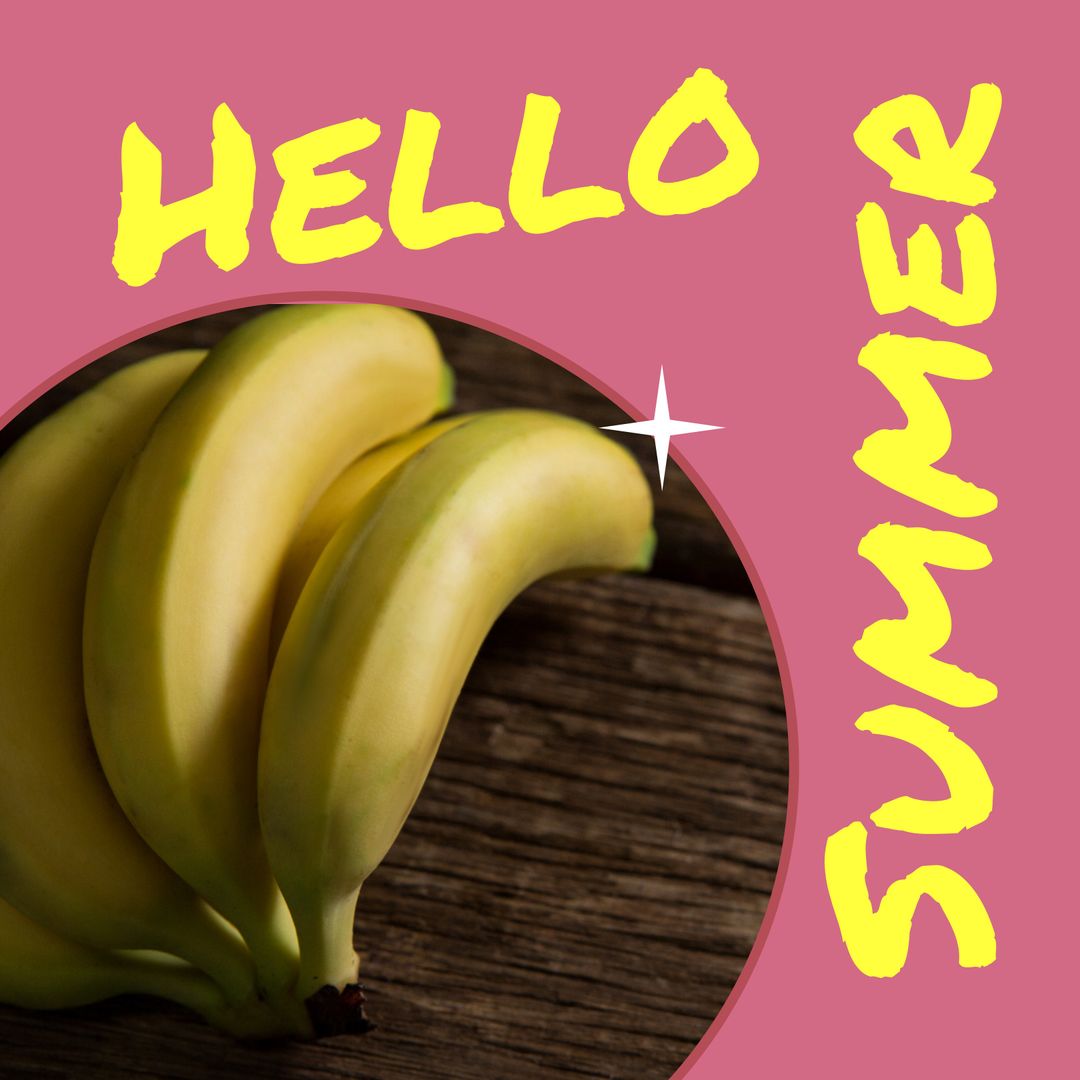 Hello Summer Text with Bananas on Wooden Table
