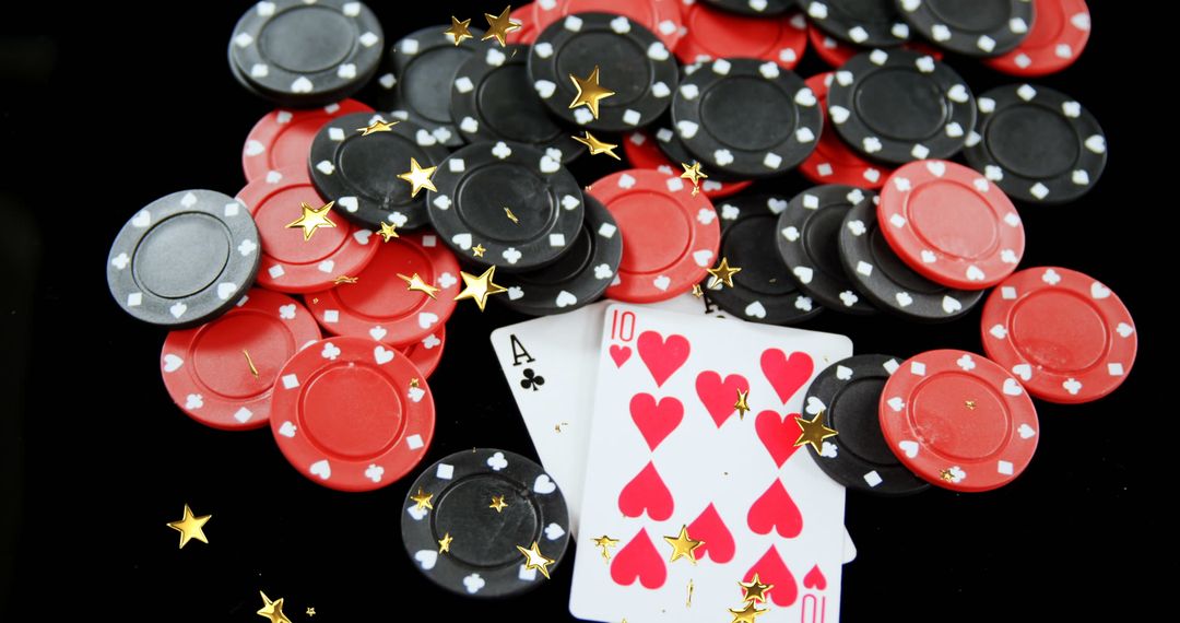 Poker Chips and Cards with Moving Stars on Black