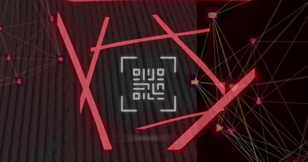 Futuristic QR Code Overlay on Digital Connections Grid