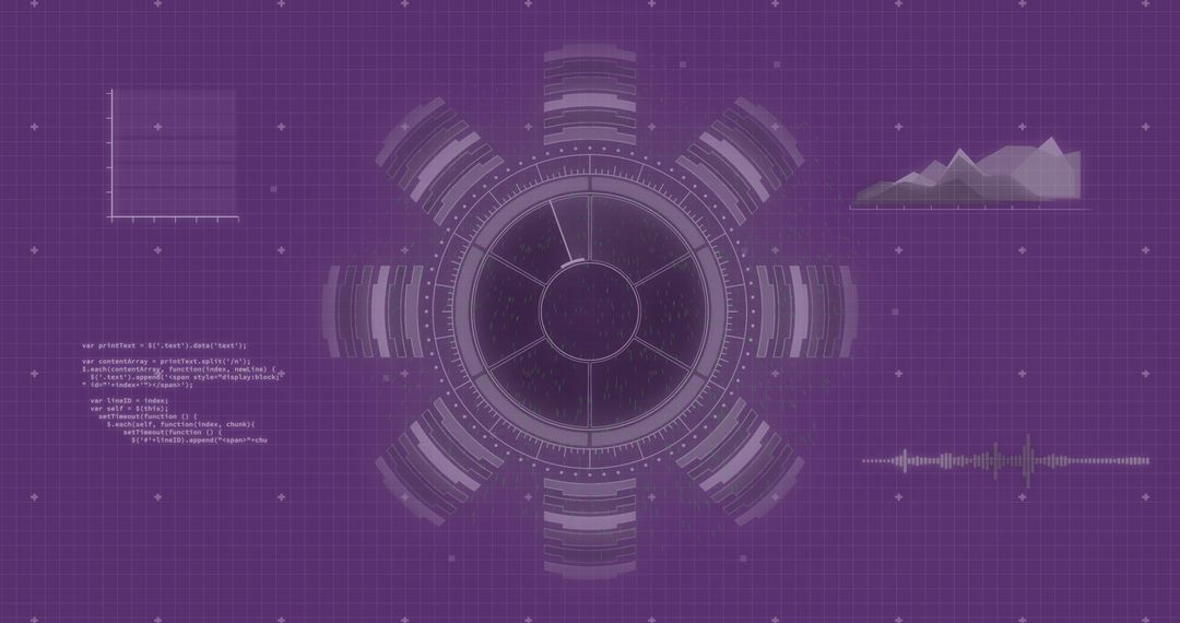 Futuristic Digital Interface with Tech Elements on Purple Grid