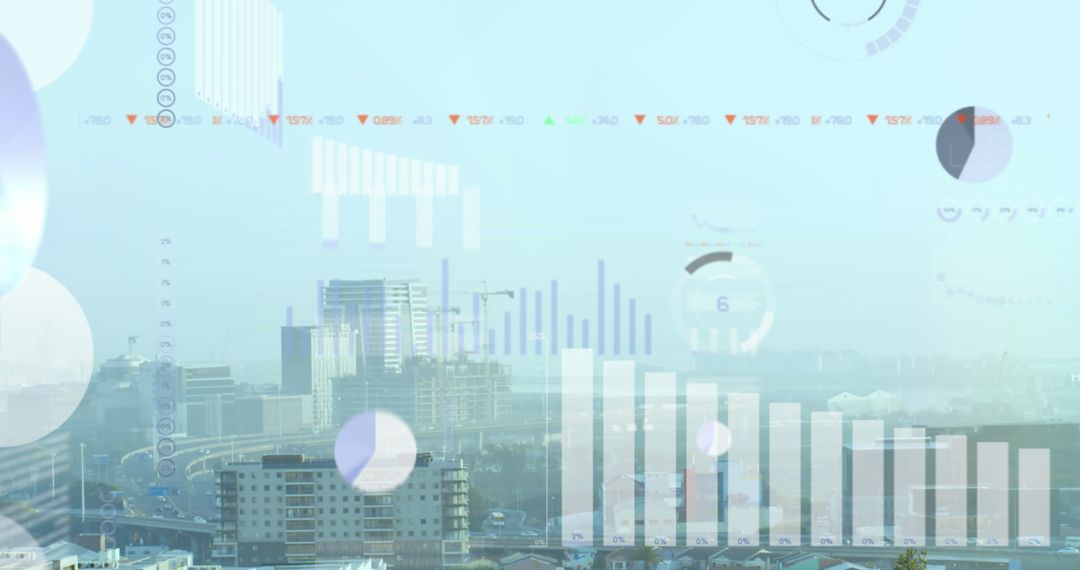 Cityscape with Data Graphs Overlay Representing Market Trends