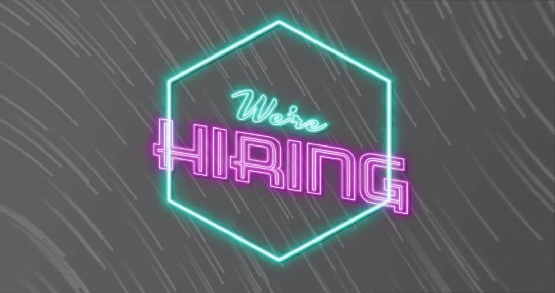 Neon We're Hiring Text on Grey Background with Neon Pattern