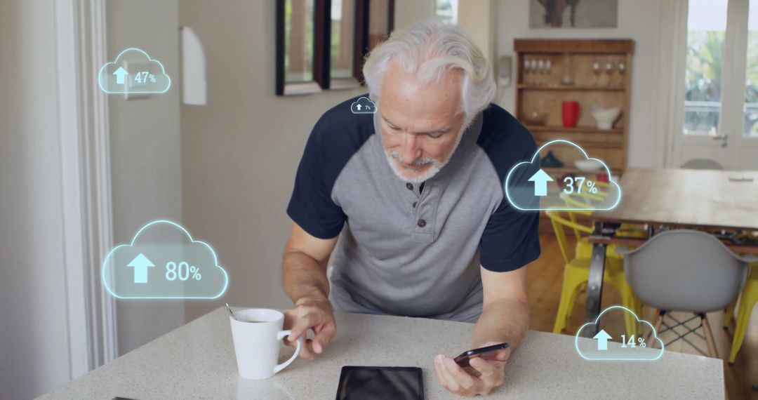 Senior Man Interacting with Cloud Data Notifications on Smartphone