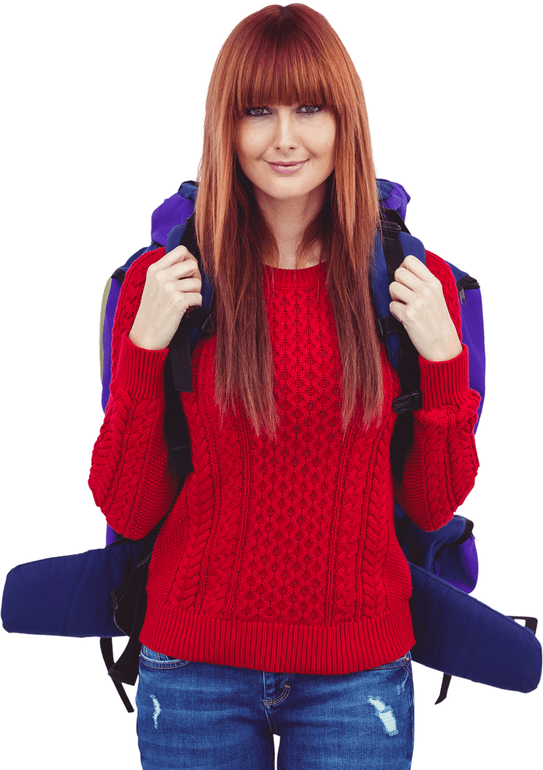 Smiling Traveler Woman Taking Selfie in Red Sweater with Backpack Transparent