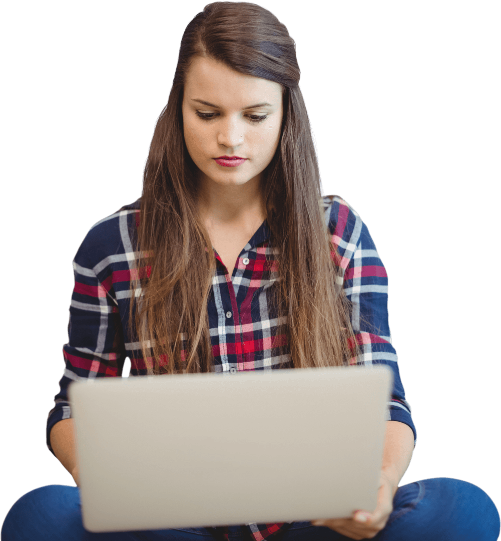 Focused Woman Using Laptop on Transparent Background