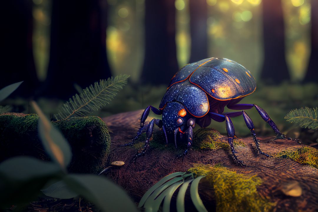 Glowing Armor Beetle in Mystical Forest Atmosphere