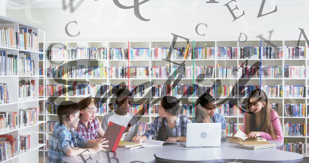 Students Collaborating in Library with Books and Laptop