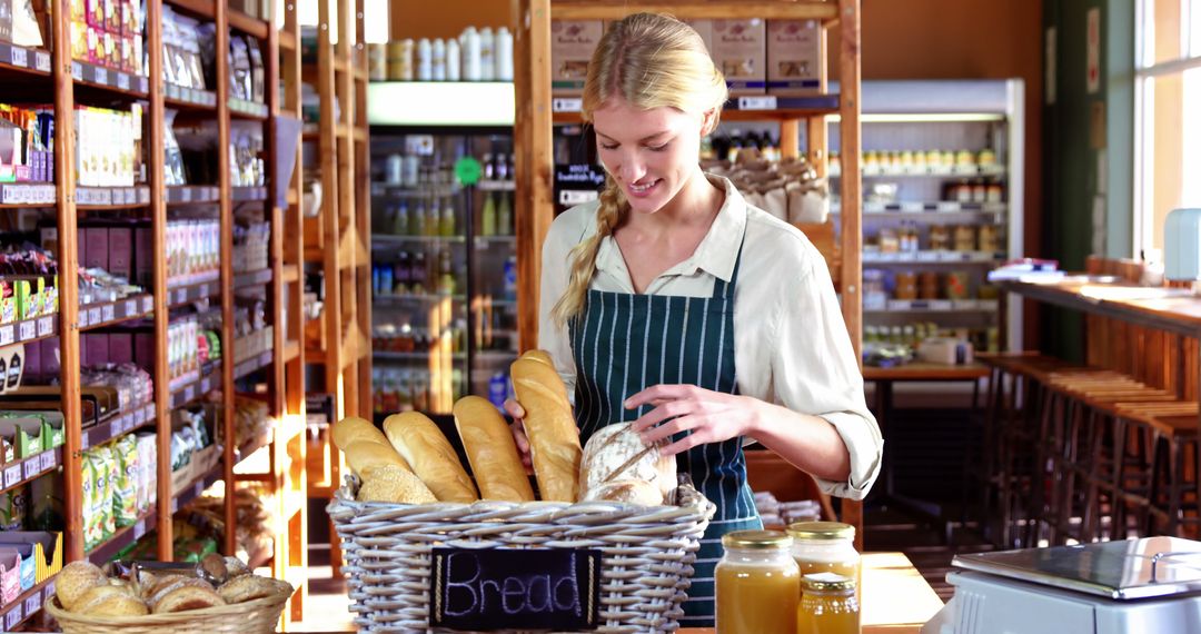 Young Female Baker Organizing Fresh Bread in Quite Market - Free Images, Stock Photos and Pictures on Pikwizard.com