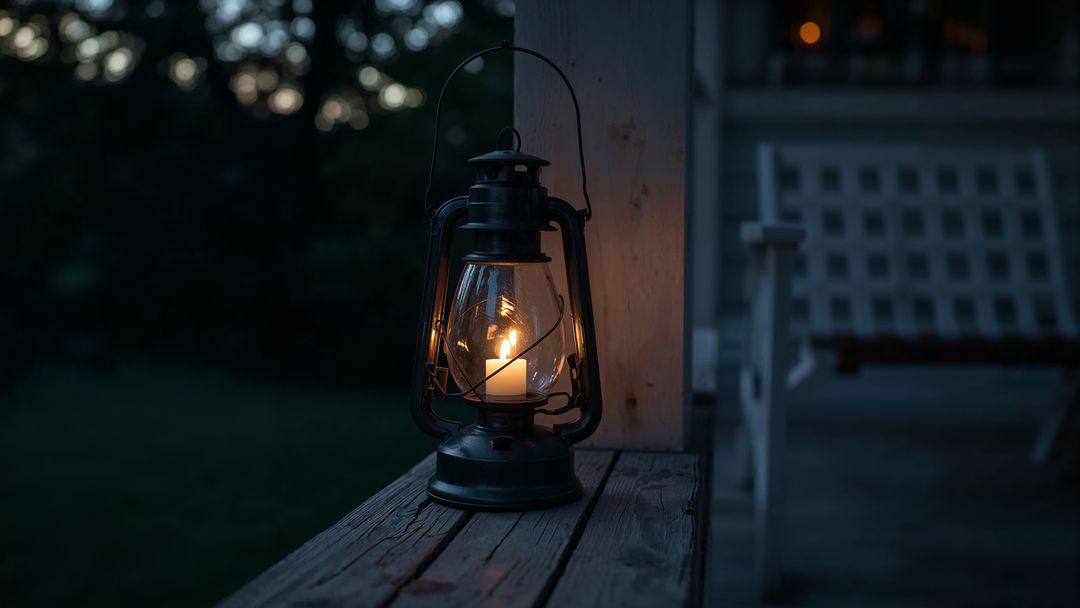 Vintage Oil Lantern on Porch Creating Rustic Ambience at Dusk